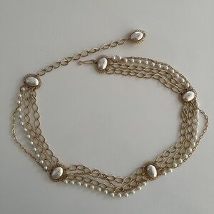 BELT Gold Tone Metal Chain Faux Pearl Strands & Accents Multi-Layered Statement